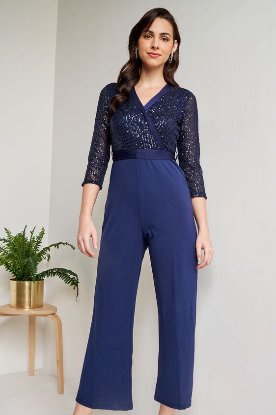 Navy Blue Self Design Straight Jumpsuit, Navy Blue, image 3